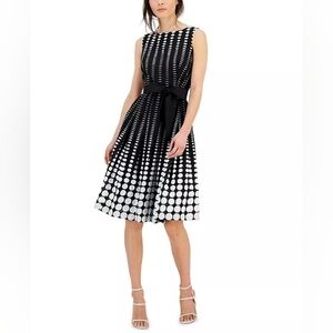 Ann Klein | Cotton Dot-Print Fit & Flare Belted Midi Dress